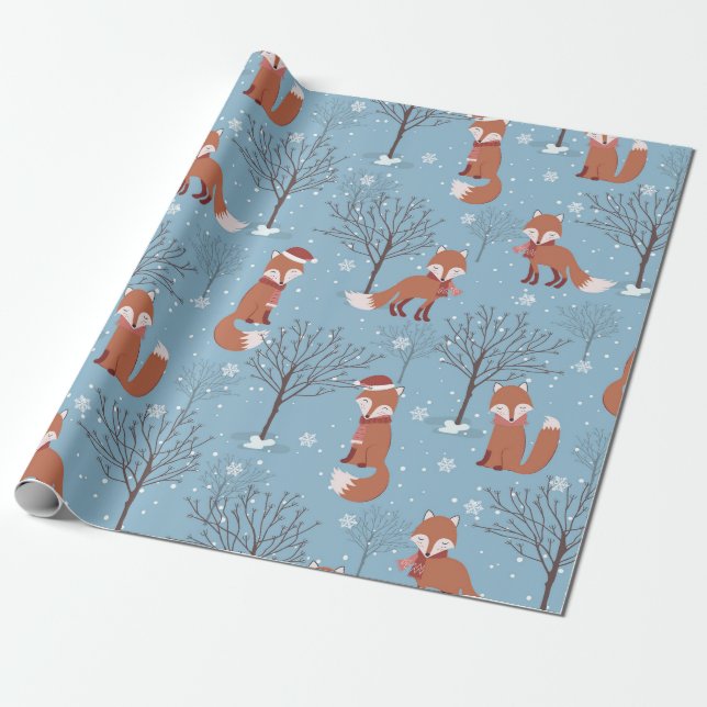 Cute Christmas Fox Pattern Wrapping Paper (Unrolled)