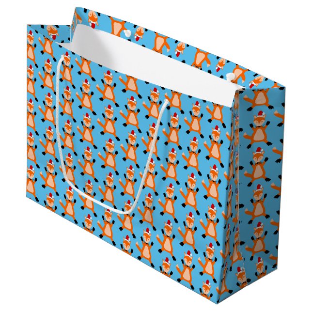 Cute Christmas Fox Patterned Large Gift Bag (Front Angled)