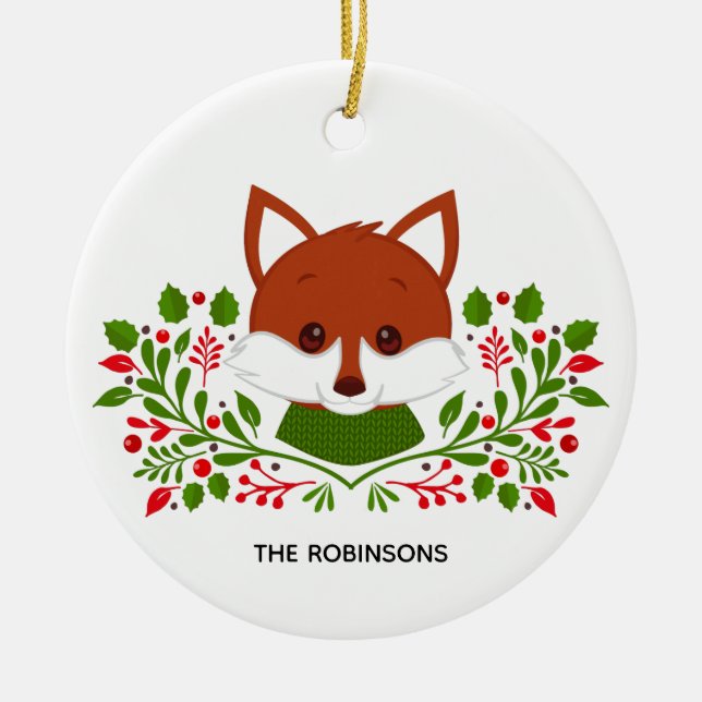 Cute Christmas Fox Photo Ceramic Ornament (Front)