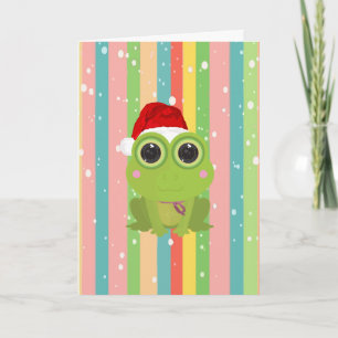 Cute Christmas Frog Holiday Card on Pastel Stripe 