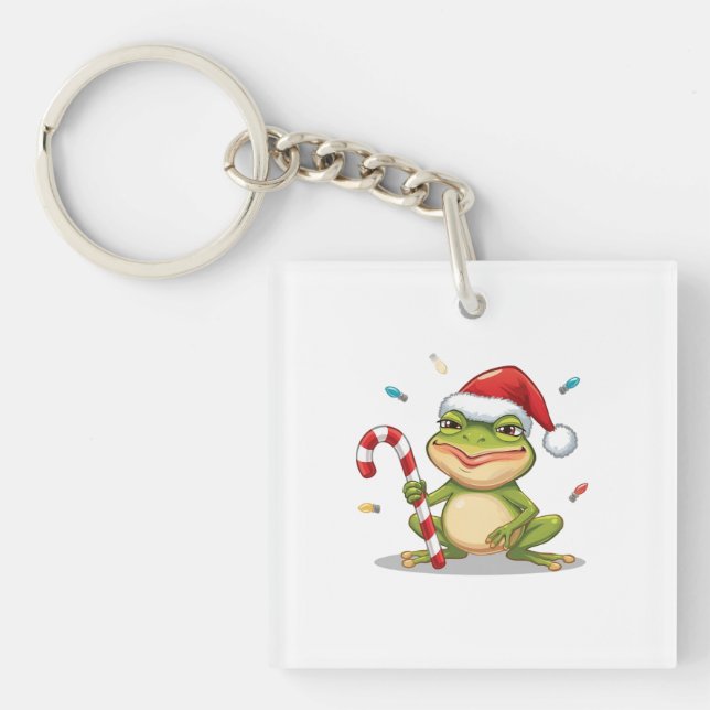 Cute Christmas Frog With Candy Cane - Funny Holida Key Ring (Front)