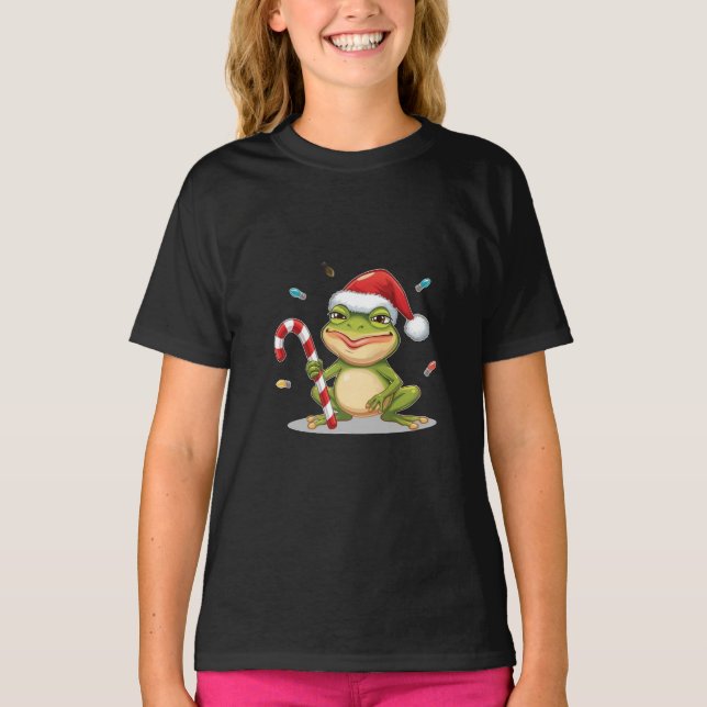 Cute Christmas Frog With Candy Cane - Funny Holida T-Shirt (Front)