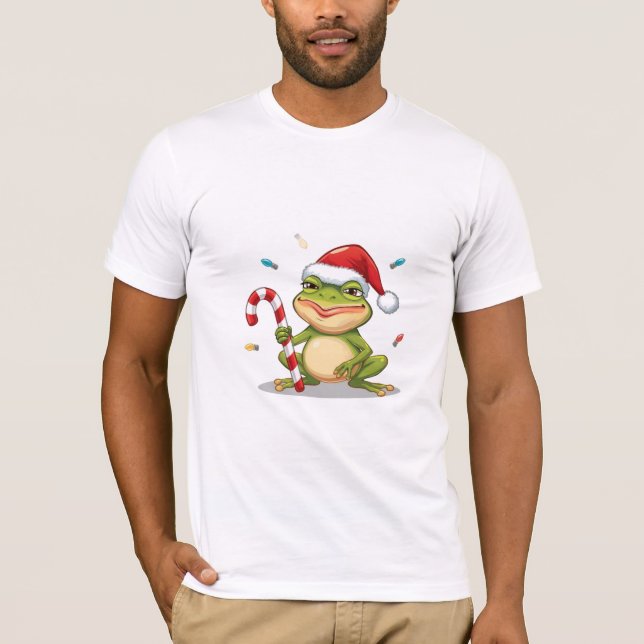 Cute Christmas Frog With Candy Cane - Funny Holida T-Shirt (Front)
