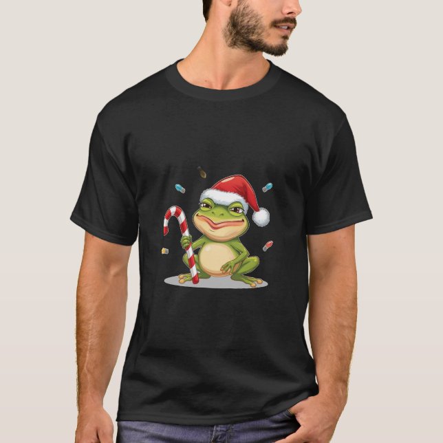 Cute Christmas Frog With Candy Cane - Funny Holida T-Shirt (Front)