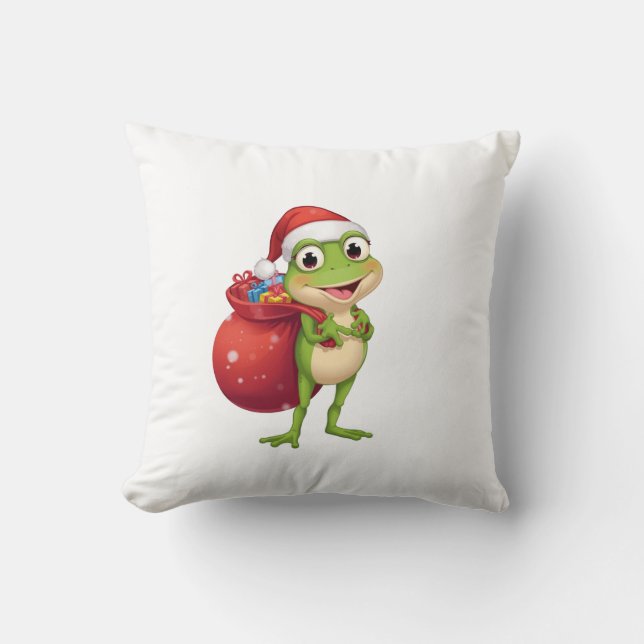 Cute Christmas Frog with Gift Bag - Santa Frog Hol Cushion (Front)