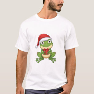 Cute Christmas Frog with Santa Hat and Gift    Fun T-Shirt