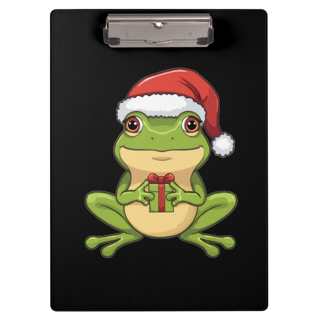 Cute Christmas Frog with Santa Hat Holding  Gift - Clipboard (Front)