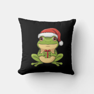 Cute Christmas Frog with Santa Hat Holding  Gift - Cushion