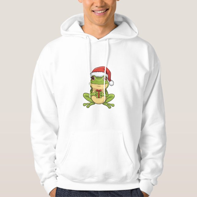Cute Christmas Frog with Santa Hat Holding  Gift - Hoodie (Front)