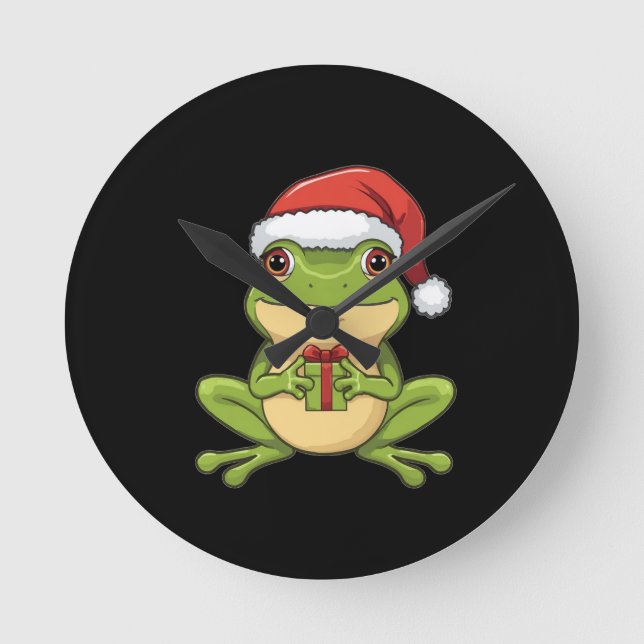 Cute Christmas Frog with Santa Hat Holding  Gift - Round Clock (Front)