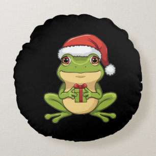 Cute Christmas Frog with Santa Hat Holding  Gift - Round Cushion