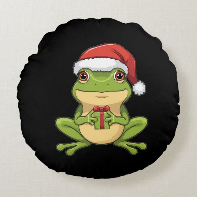 Cute Christmas Frog with Santa Hat Holding  Gift - Round Cushion (Front)