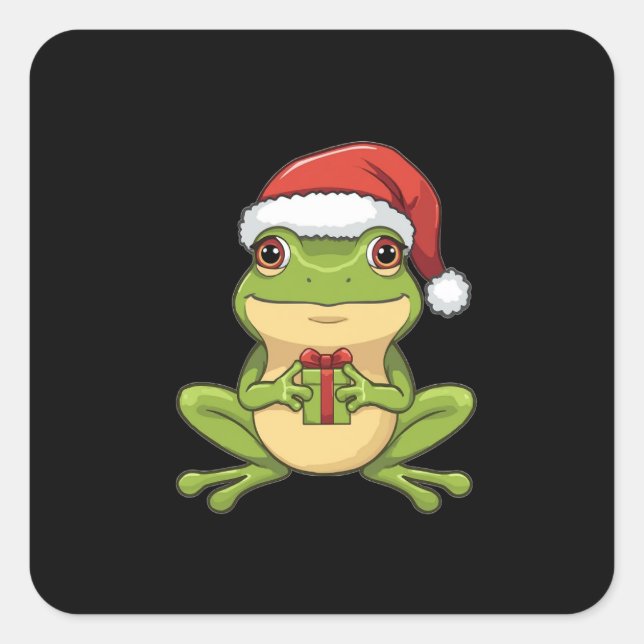 Cute Christmas Frog with Santa Hat Holding  Gift - Square Sticker (Front)