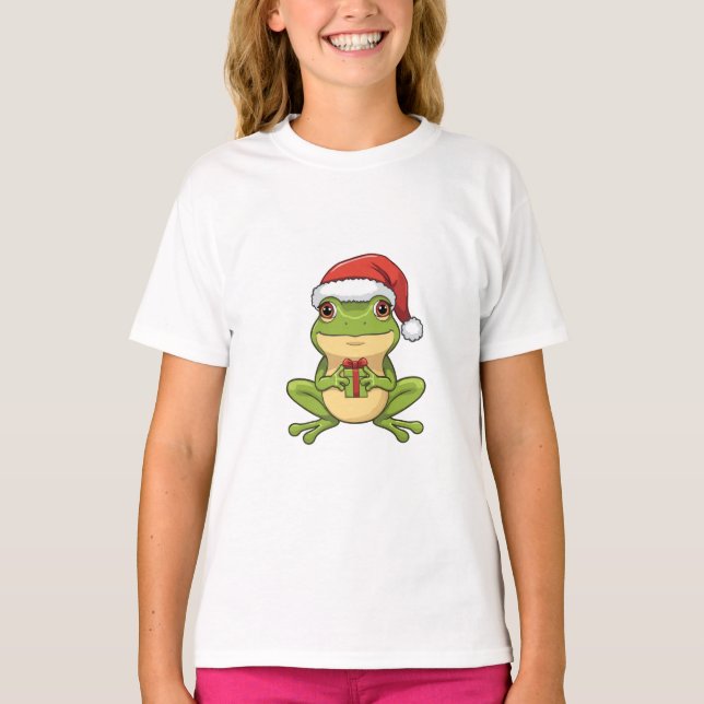 Cute Christmas Frog with Santa Hat Holding  Gift - T-Shirt (Front)
