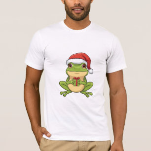 Cute Christmas Frog with Santa Hat Holding Gift - T-Shirt