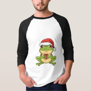 Cute Christmas Frog with Santa Hat Holding  Gift - T-Shirt