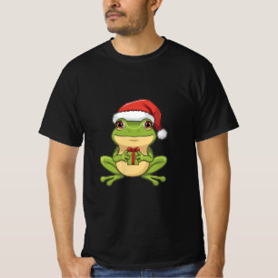Cute Christmas Frog with Santa Hat Holding  Gift - T-Shirt