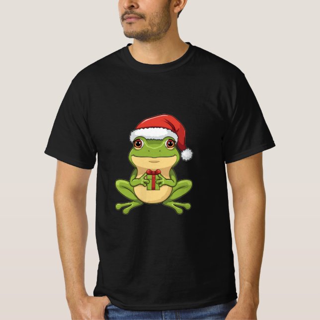 Cute Christmas Frog with Santa Hat Holding  Gift - T-Shirt (Front)
