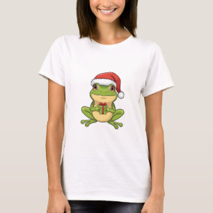Cute Christmas Frog with Santa Hat Holding  Gift - T-Shirt