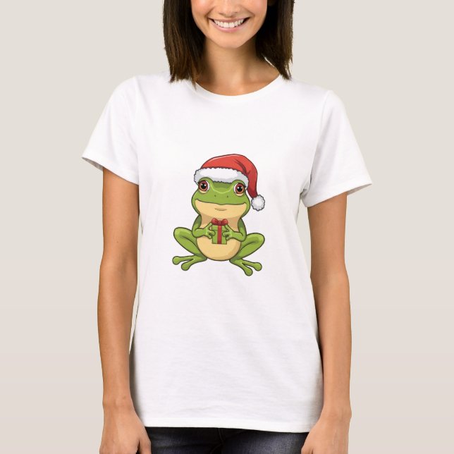Cute Christmas Frog with Santa Hat Holding  Gift - T-Shirt (Front)