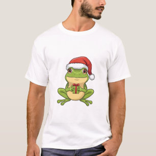 Cute Christmas Frog with Santa Hat Holding Gift - T-Shirt