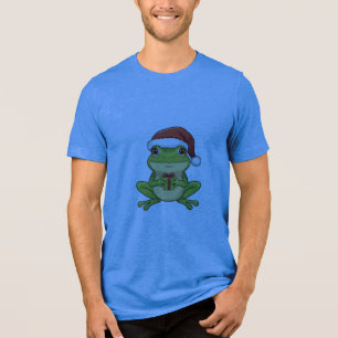 Cute Christmas Frog with Santa Hat Holding  Gift - Tri-Blend Shirt