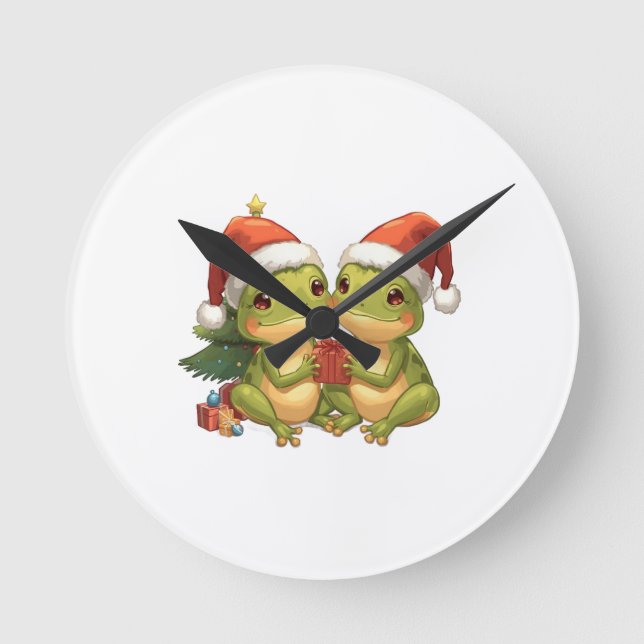 Cute Christmas Frogs Holding Gifts  Adorable Holid Round Clock (Front)