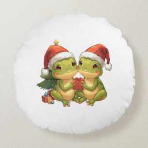 Cute Christmas Frogs Holding Gifts  Adorable Holid Round Cushion