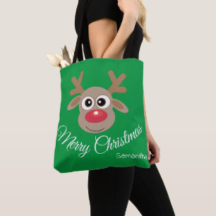 Cute Christmas Fun Cartoon Reindeer Green Tote Bag