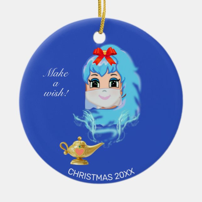 Cute Christmas Genie & Magic Lamp on Blue Ceramic Ornament (Front)