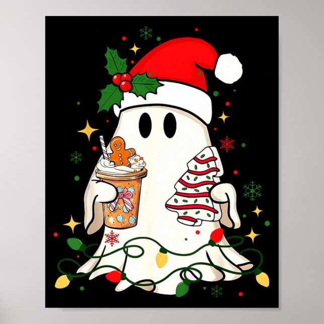 Cute Christmas Ghost Coffee Tree Cake Xmas Lights  Poster (Front)