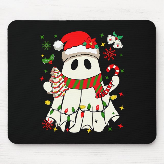 Cute Christmas Ghost Holding Tree Cake Candy Cane  Mouse Pad (Front)