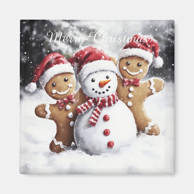 Cute Christmas Gingerbread and Snowman Magnet (Front)