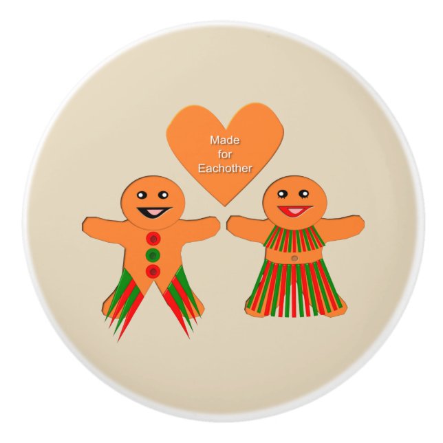 Cute Christmas Gingerbread Couple Ceramic Knob (Front)