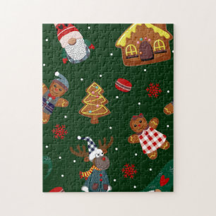 Cute Christmas Gingerbread Gnomes Reindeer Party Jigsaw Puzzle