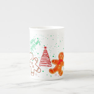 Cute Christmas Gingerbread Man and Tree Pattern.  Bone China Mug
