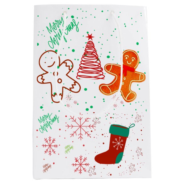 Cute Christmas Gingerbread Man and Tree Pattern.  Medium Gift Bag (Front)