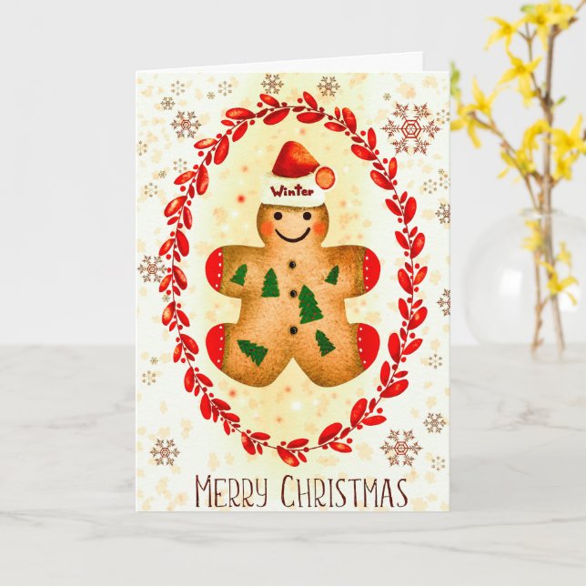 Cute Christmas Gingerbread Man Holiday Card (Yellow Flower)