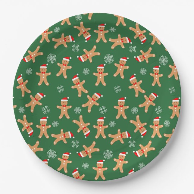 Cute Christmas Gingerbread Men on Green  Paper Plate (Front)
