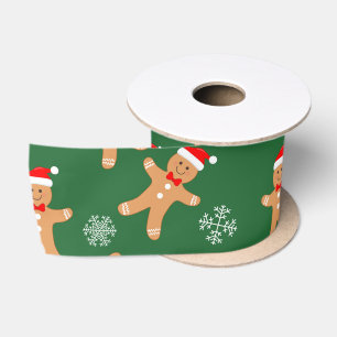 Cute Christmas Gingerbread Men on Green Satin Ribbon