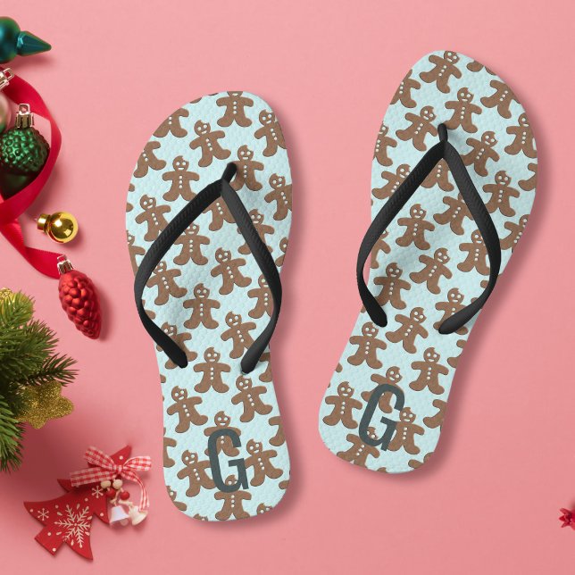 Cute Christmas Gingerbread Men Pattern Blue Thongs (Creator Uploaded)