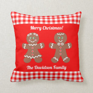 Cute Christmas Gingerbread Red Gingham Monogram Cushion