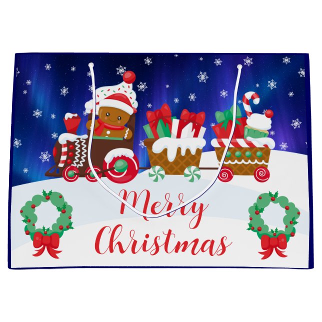 Cute Christmas Gingerbread Train Large Gift Bag (Front)