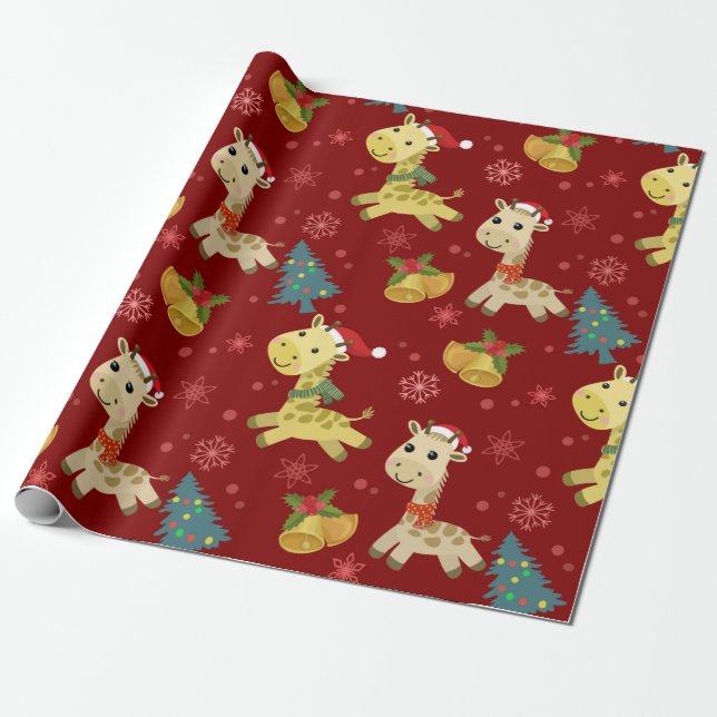 Cute Christmas Giraffe Pattern Wrapping Paper (Unrolled)