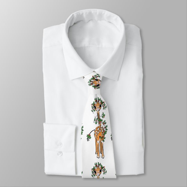 Cute Christmas Giraffe red green greenery Tie (Tied)
