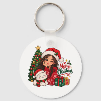 Cute Christmas Girl and Cat Cosy Holiday Key Ring