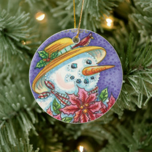 Cute Christmas Girl Snowman with Poinsettia Ceramic Ornament