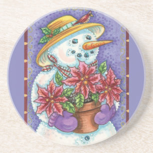 Cute Christmas Girl Snowman with Poinsettia Coaster