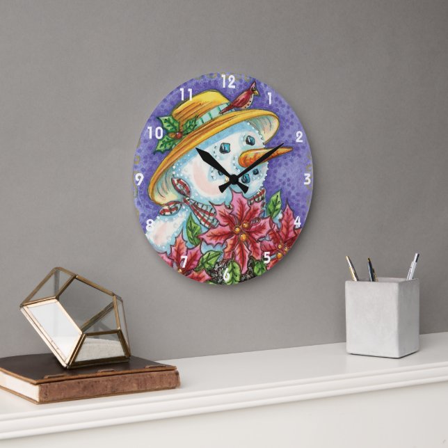 Cute Christmas Girl Snowman with Poinsettia Large Clock (Office)