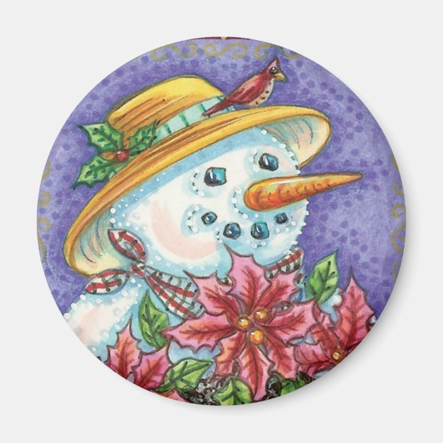 Cute Christmas Girl Snowman with Poinsettia Magnet (Front)